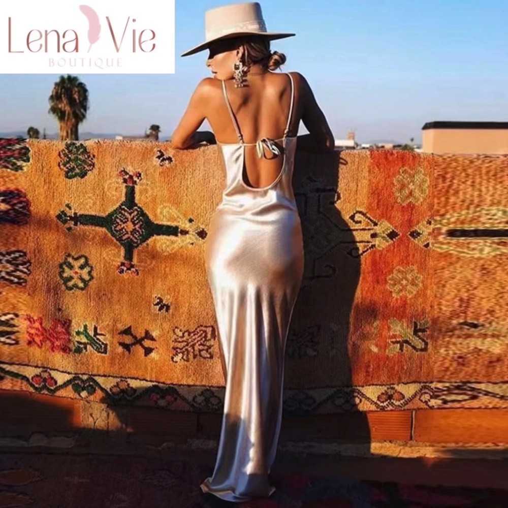 Lena Vie Champagne Addie May Slip Dress Hammered Soft Satin Long Gold Maxi Gown - Picture 7 of 12